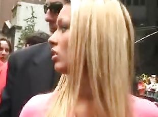Sexy top on slutty blonde in public