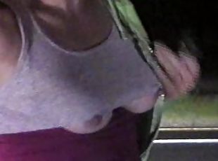 MILF Sheery's Undeniable Roadside Public UnderBoob while smoking - Crop Top just doesn't cover much!