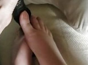 Slender pretty feet stroke large black dildo uses toes footjob