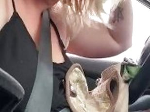 Milkymama awkwardly flashes drivers while driving topless