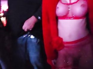 Hot wife's club outfit tits and pussy at the crowded night club