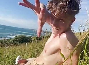 Nature guy stroking and cumming hard in the mountain hay