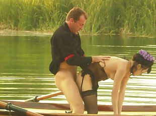 Horny lovers go to romantic date to fuck on river boat