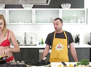 Kinky couple fucks while cooking dinner in the kitchen
