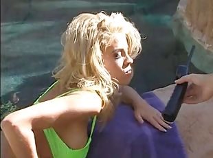 Blonde bombshell with huge tits takes a hard cock in an indoor pool