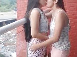 My lesbian girlfriend says good morning to me very hot on the balcony