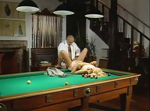 Girl watches a slut get fucked on the pool table