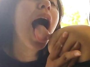 Andrea takes pictures of me and I end up sucking her huge tit
