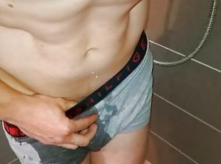 Piss desperation.  Fit boy couldnt hold it anymore.....