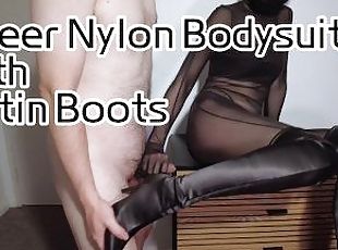 Dominated by Sheer Nylon Glove Bodysuit with Satin Boots